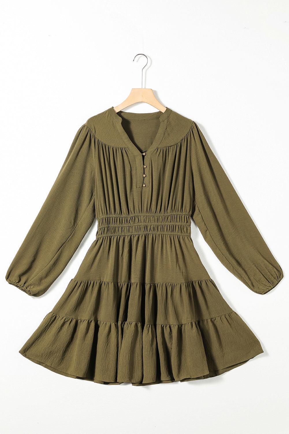 Split Neck Balloon Sleeve Tiered Ruffled Dress Mini Dresses MyDresses 
