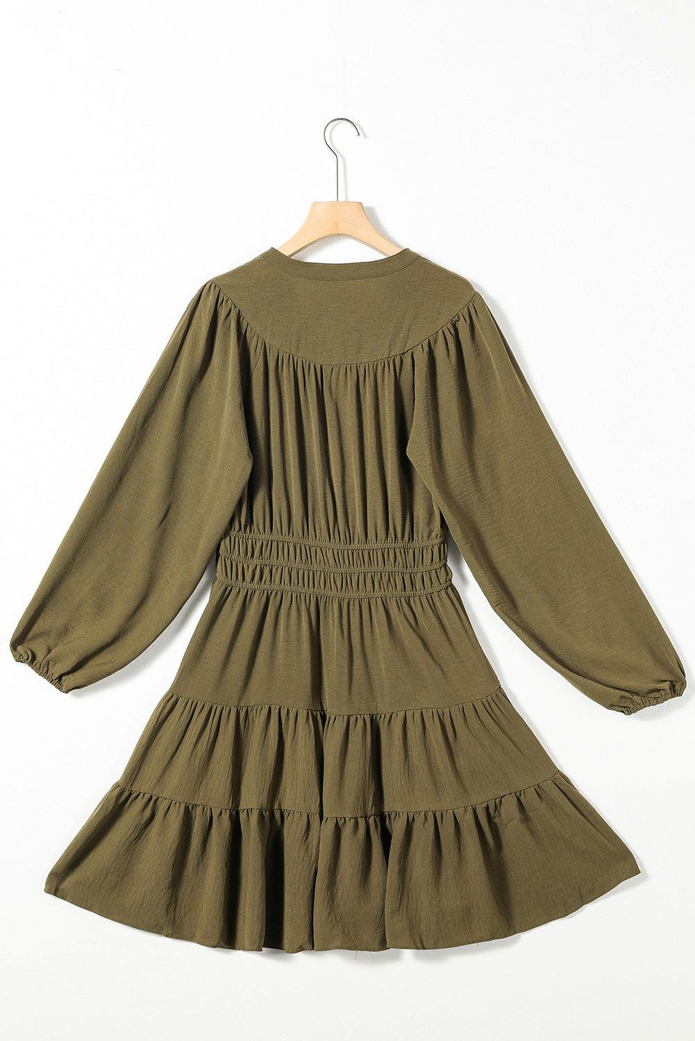 Split Neck Balloon Sleeve Tiered Ruffled Dress Mini Dresses MyDresses 