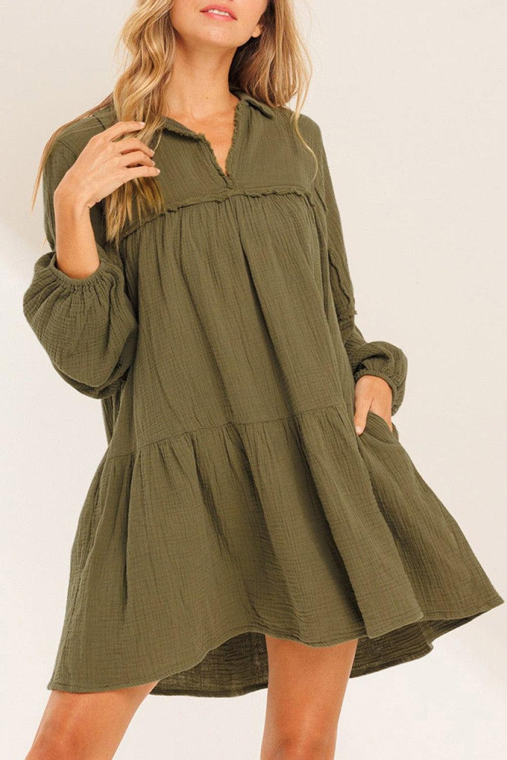 Split Neck Puff Sleeve Flared Dress with Frayed Trim Mini Dresses MyDresses Green 8 | S 