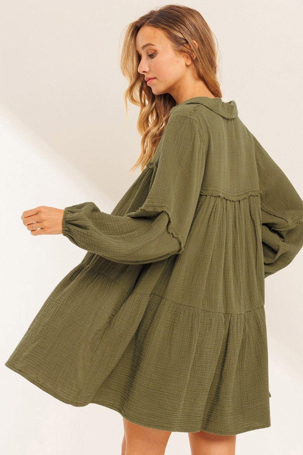Split Neck Puff Sleeve Flared Dress with Frayed Trim Mini Dresses MyDresses 