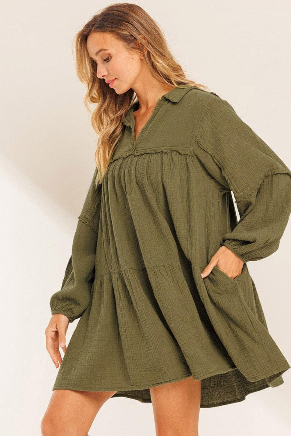 Split Neck Puff Sleeve Flared Dress with Frayed Trim Mini Dresses MyDresses 