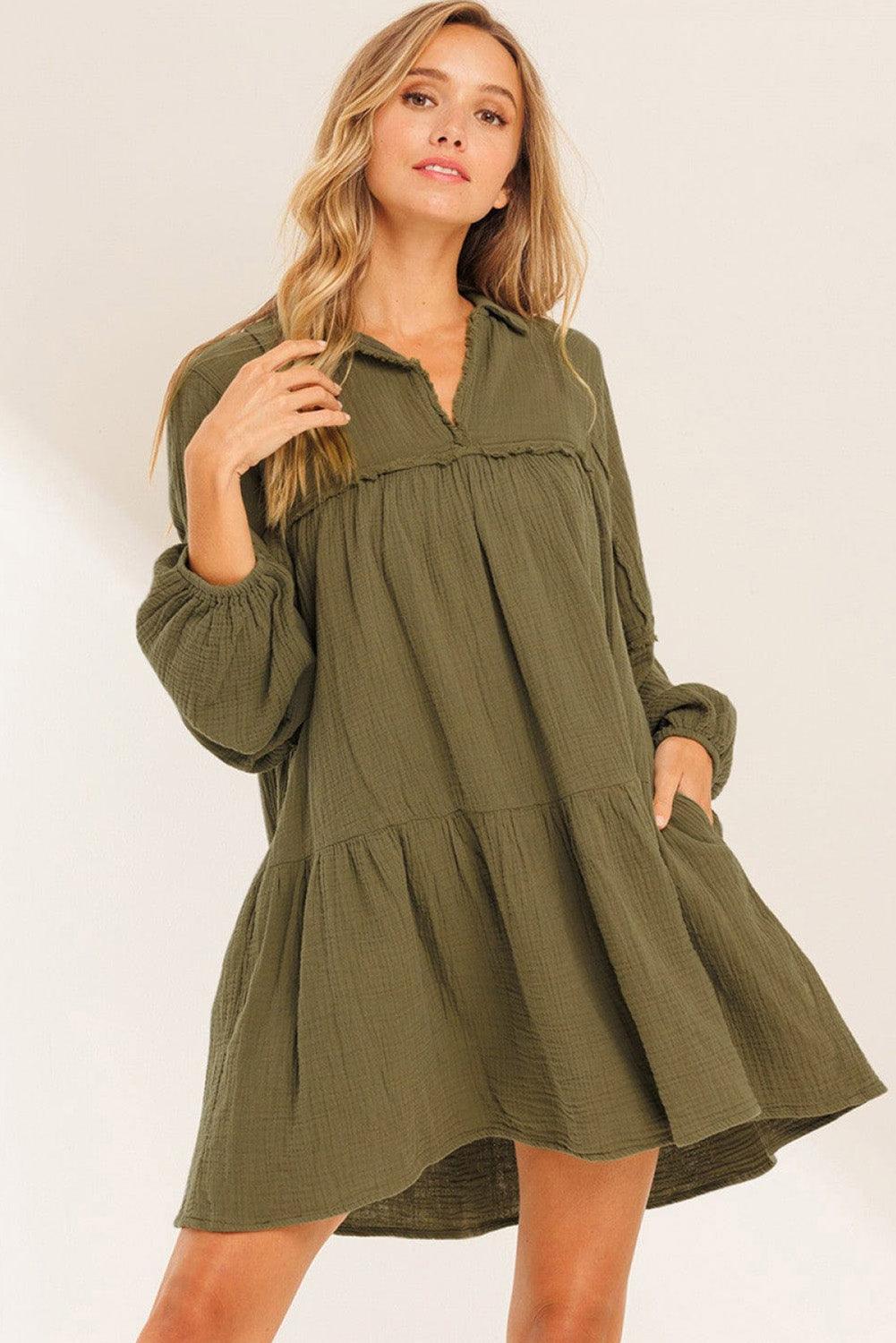 Split Neck Puff Sleeve Flared Dress with Frayed Trim Mini Dresses MyDresses 