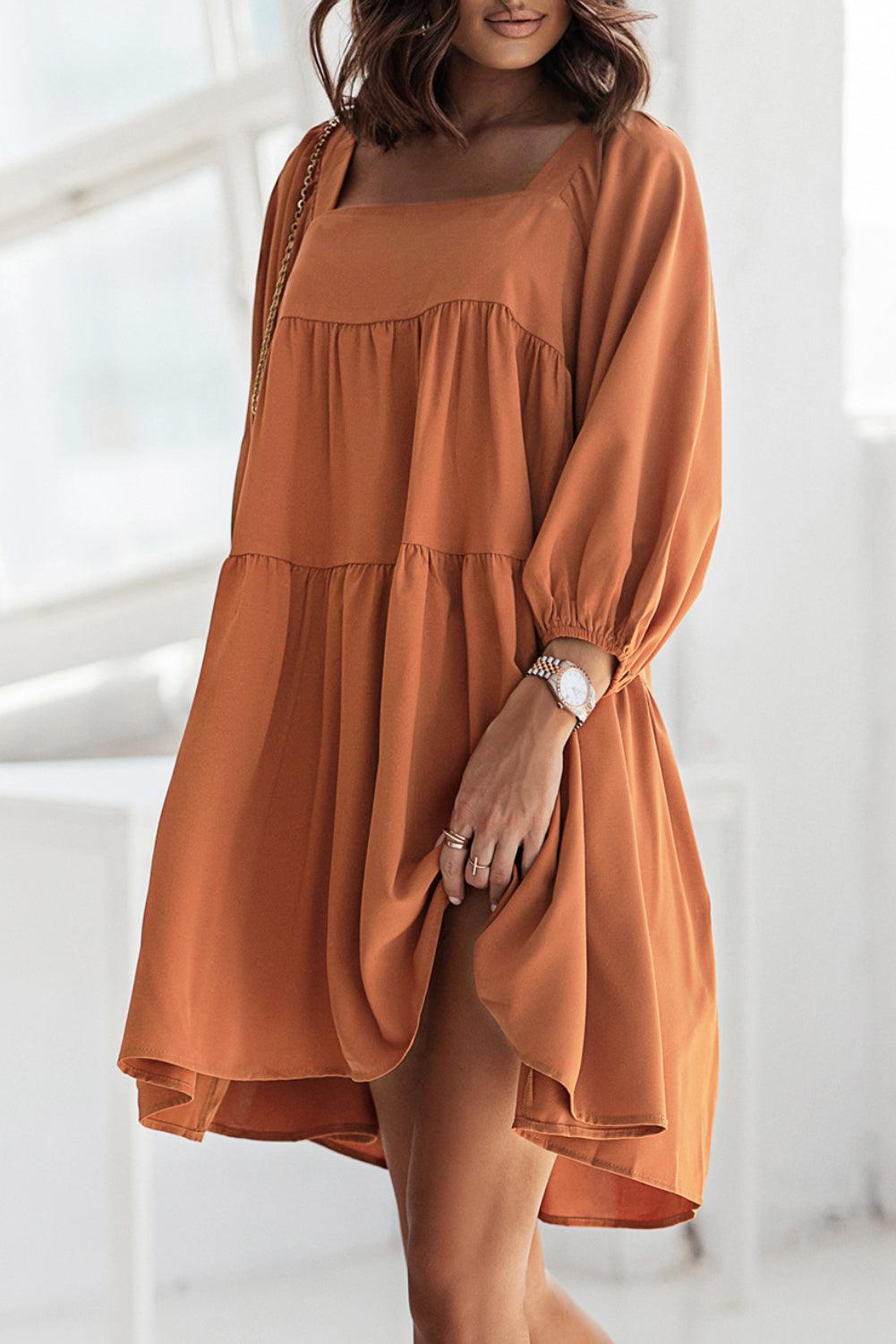 Square Neck Half Sleeve High Low Mini Dress Mini Dresses MyDresses Brown 8 | S 