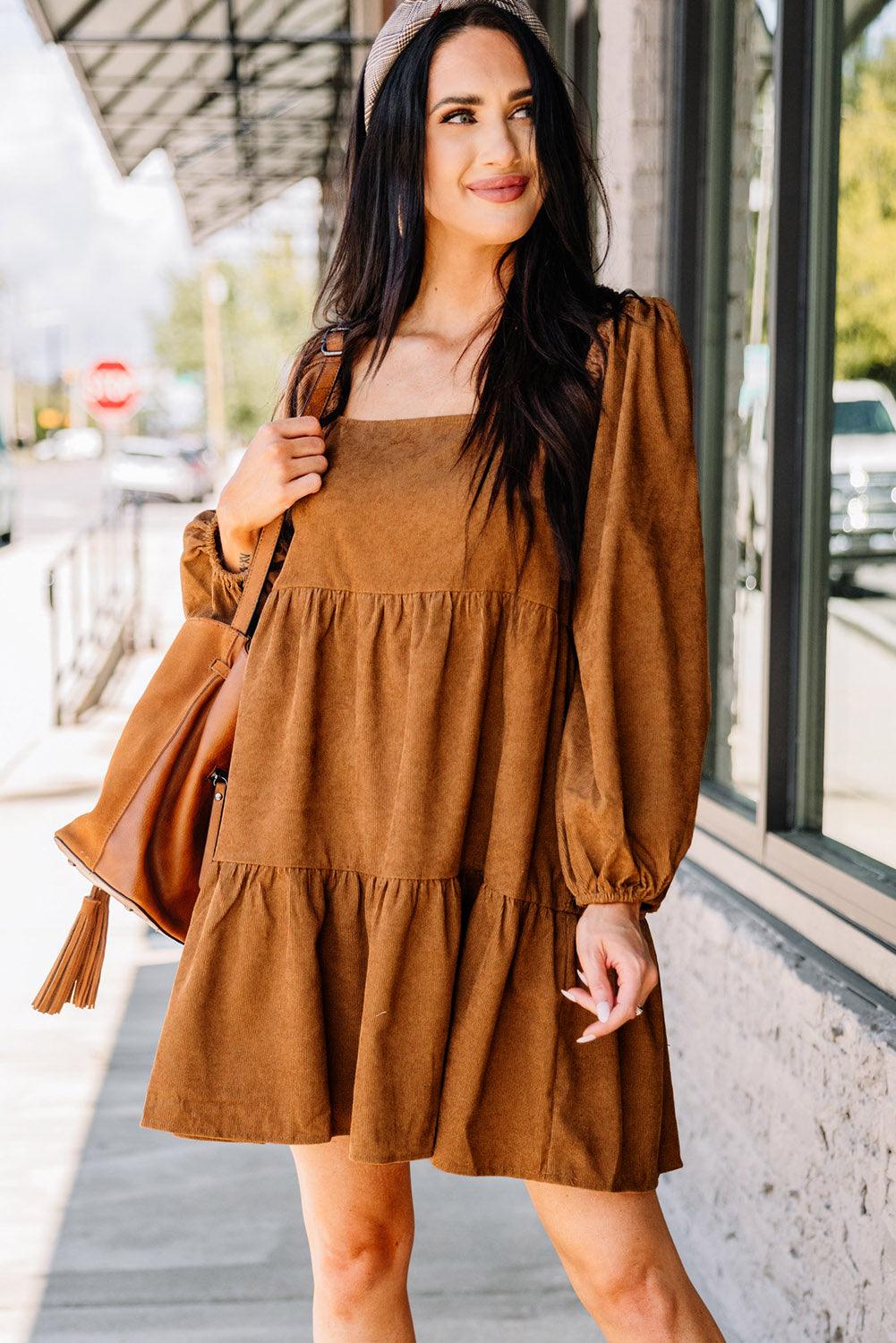 Square Neck Puff Sleeve Tiered Corduroy Dress Mini Dresses MyDresses 