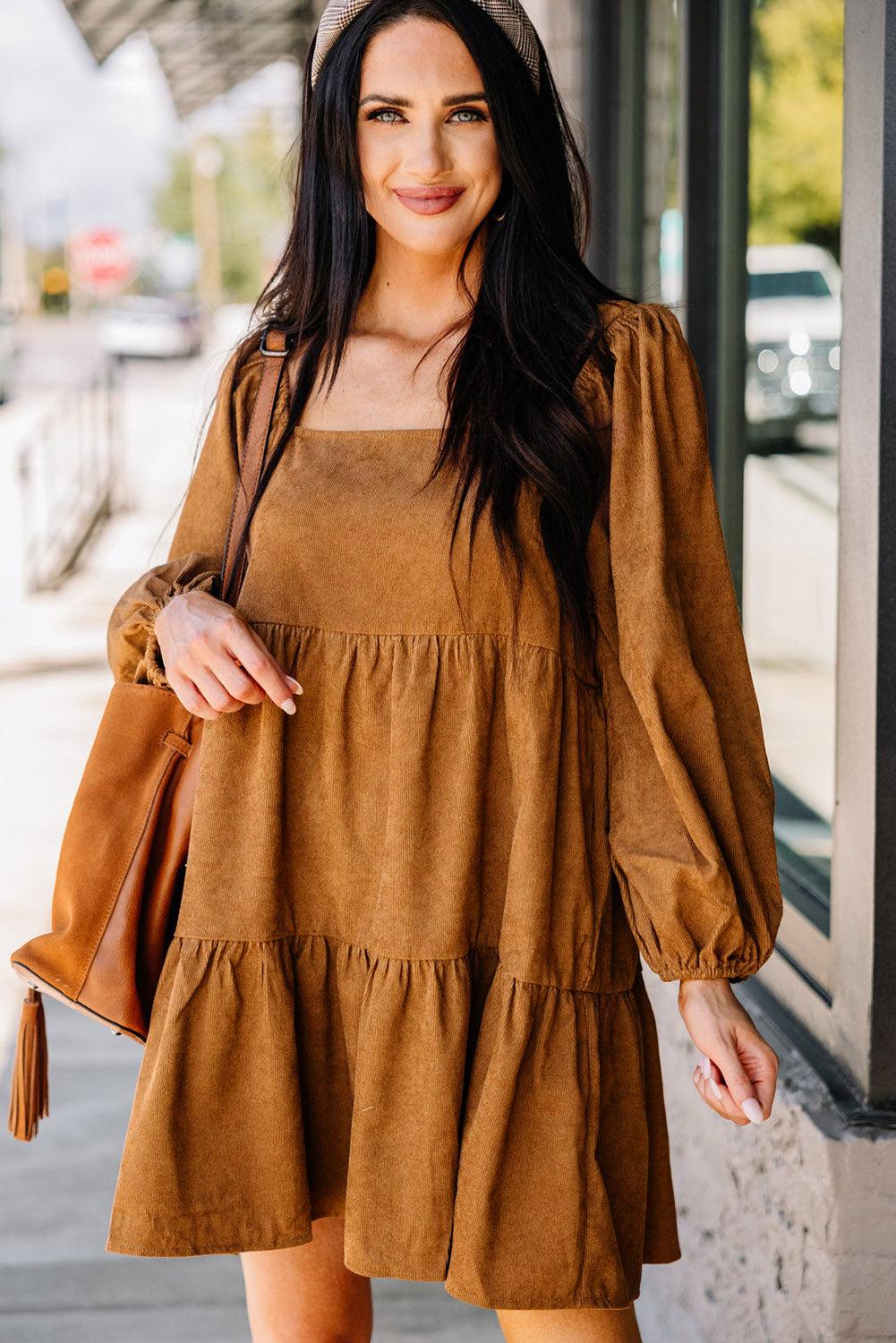Square Neck Puff Sleeve Tiered Corduroy Dress Mini Dresses MyDresses 