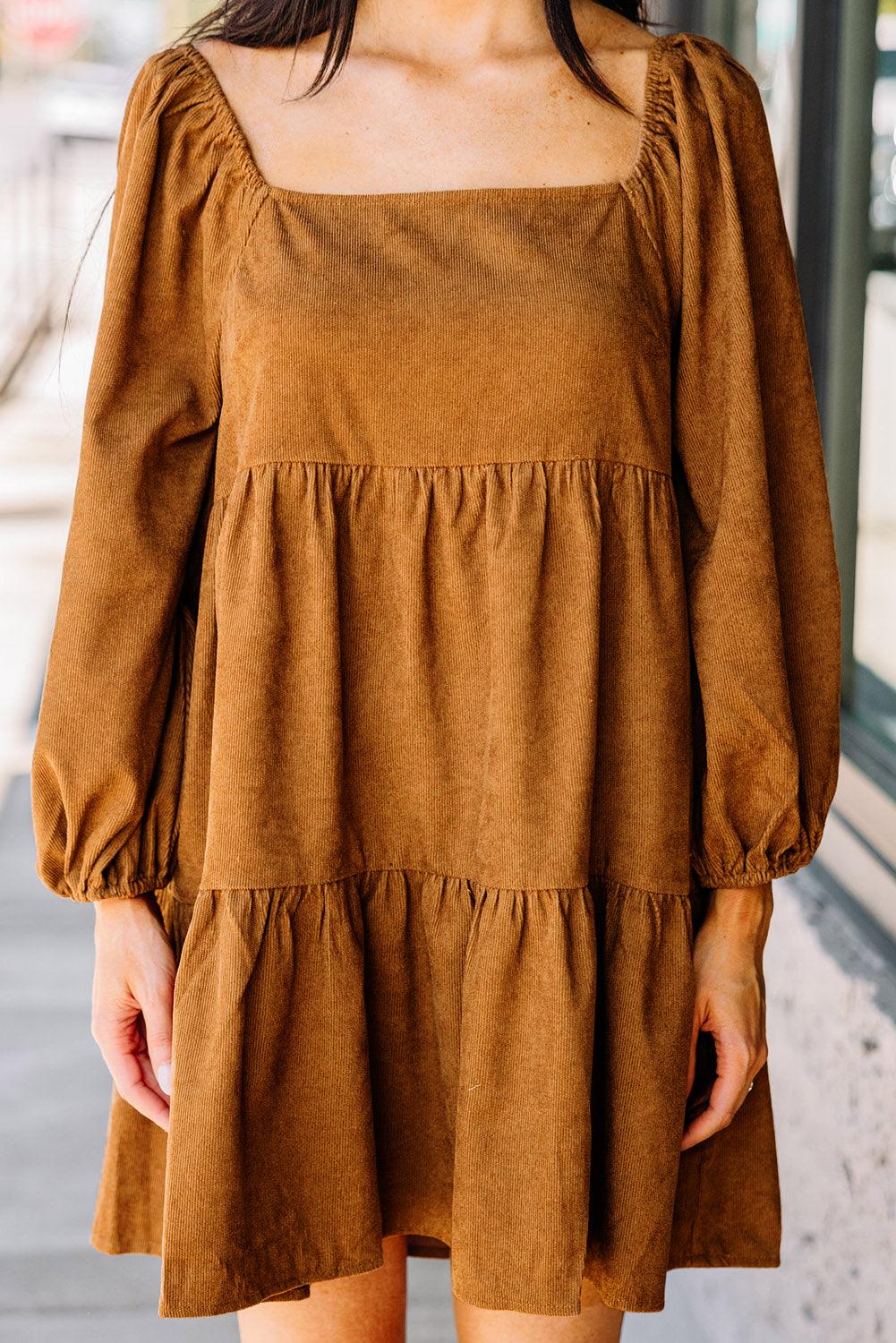Square Neck Puff Sleeve Tiered Corduroy Dress Mini Dresses MyDresses Chestnut 8 | S 