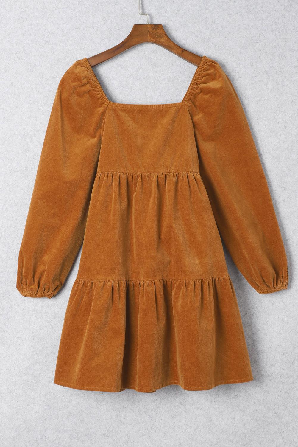 Square Neck Puff Sleeve Tiered Corduroy Dress Mini Dresses MyDresses 