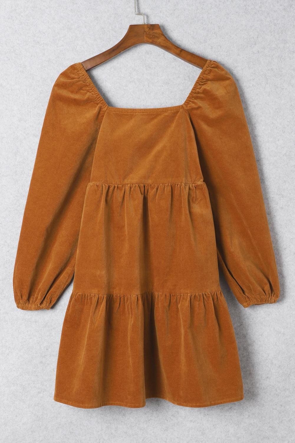 Square Neck Puff Sleeve Tiered Corduroy Dress Mini Dresses MyDresses 