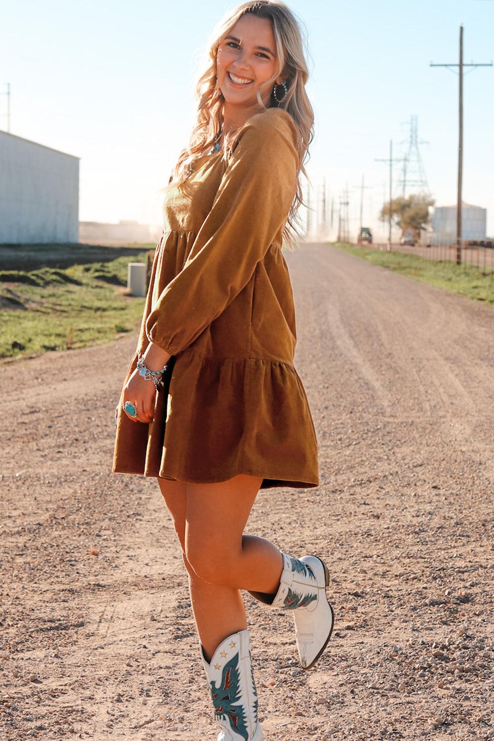 Square Neck Puff Sleeve Tiered Corduroy Dress Mini Dresses MyDresses 