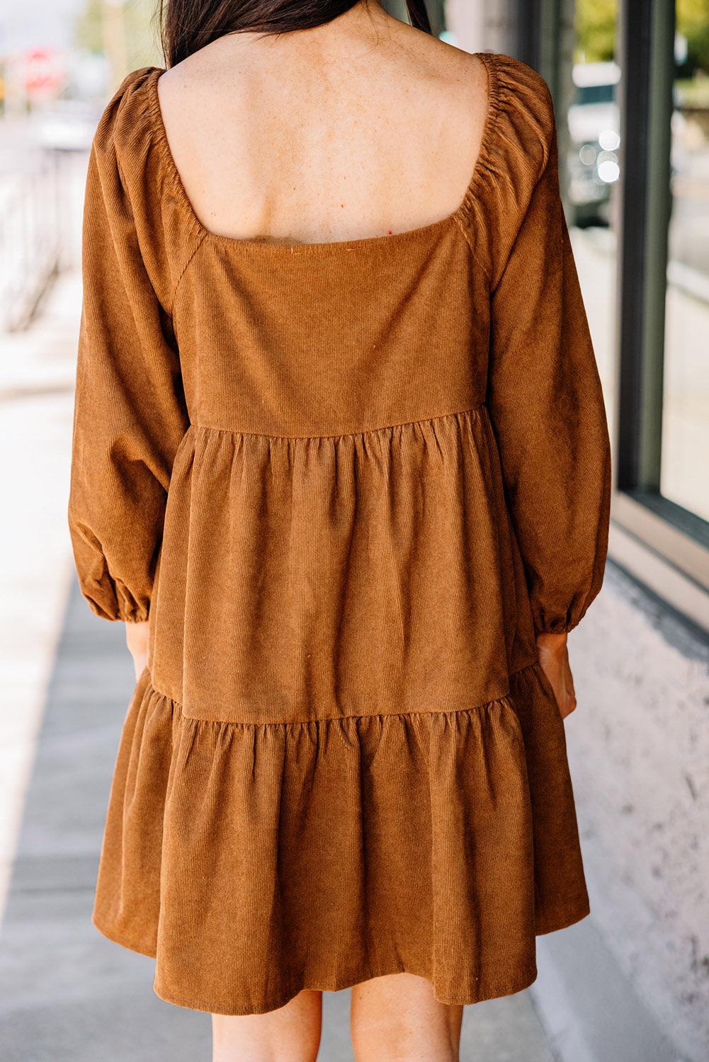 Square Neck Puff Sleeve Tiered Corduroy Dress Mini Dresses MyDresses 
