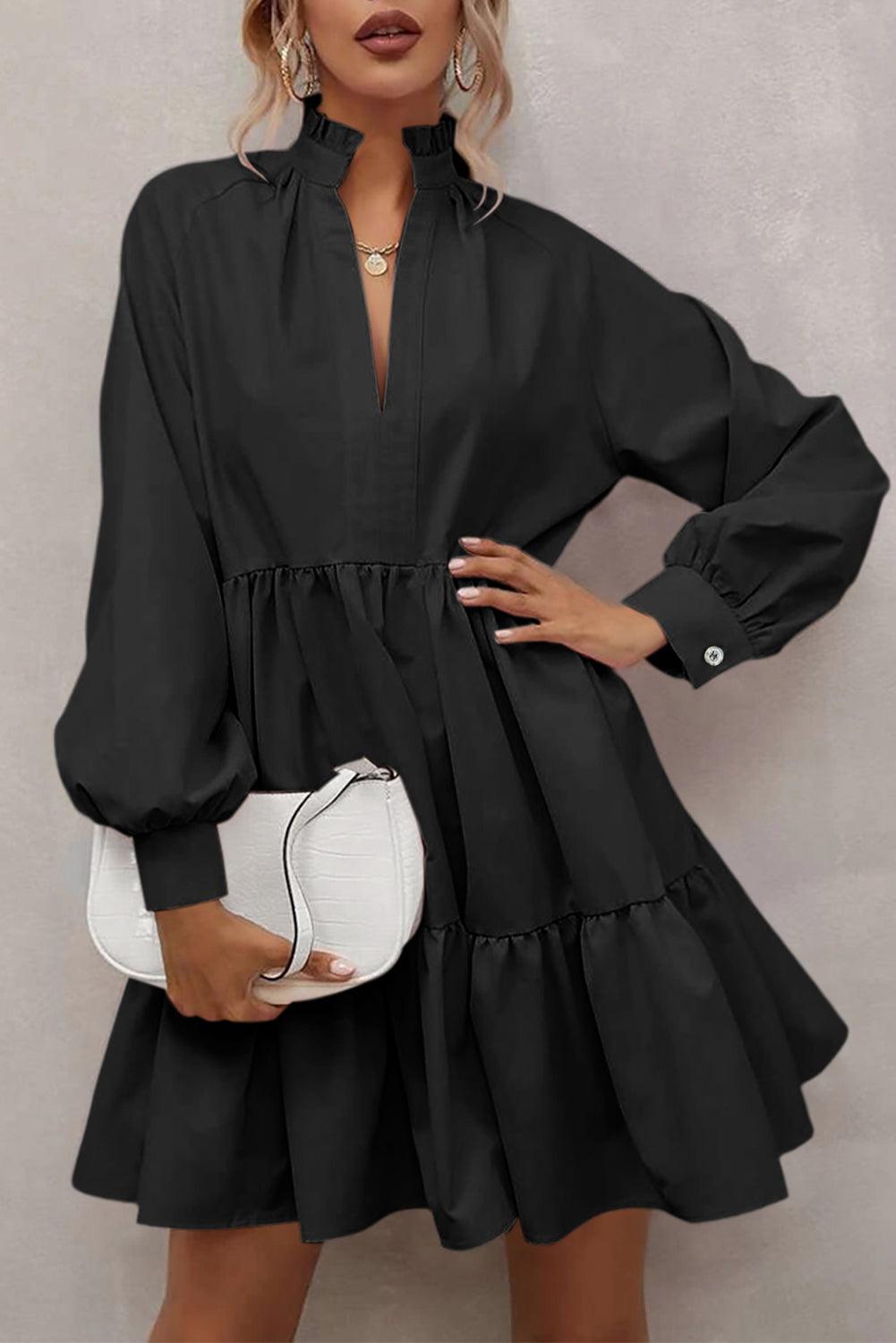 Stand Collar Long Sleeve Frilled Ruffle Dress Mini Dresses MyDresses Black 8 | S 