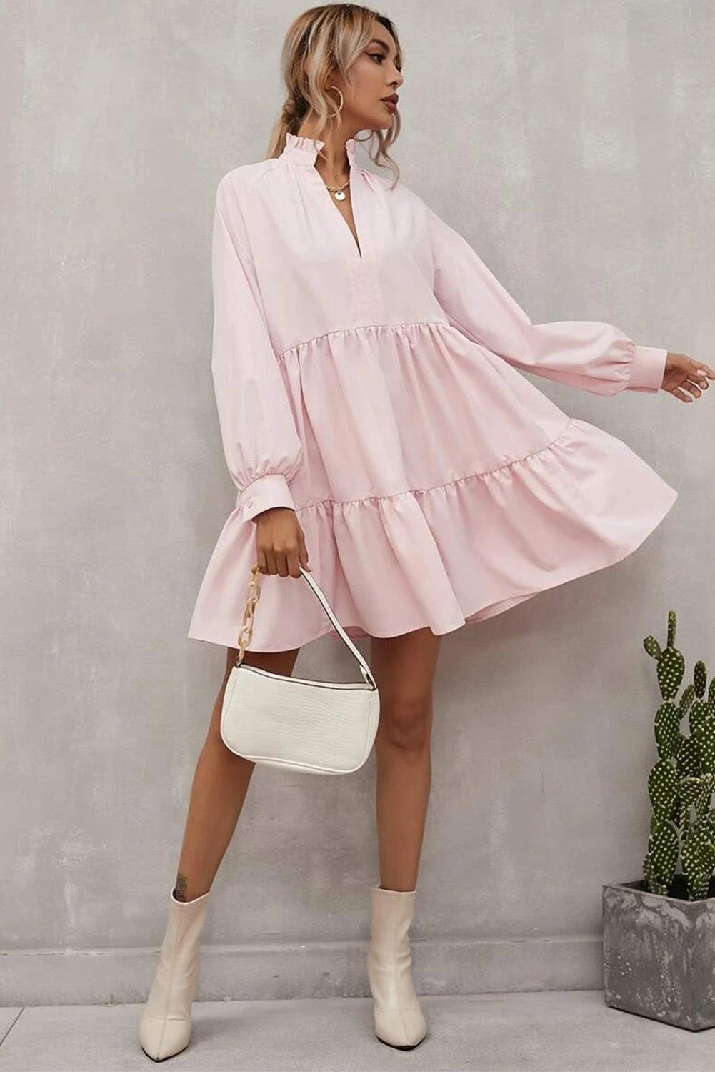 Stand Collar Long Sleeve Frilled Ruffle Dress Mini Dresses MyDresses 