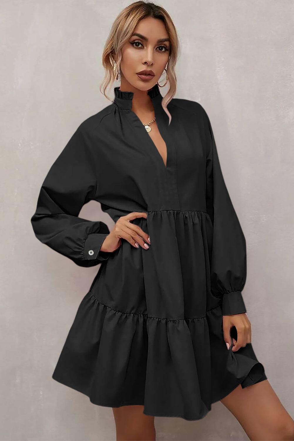 Stand Collar Long Sleeve Frilled Ruffle Dress Mini Dresses MyDresses 