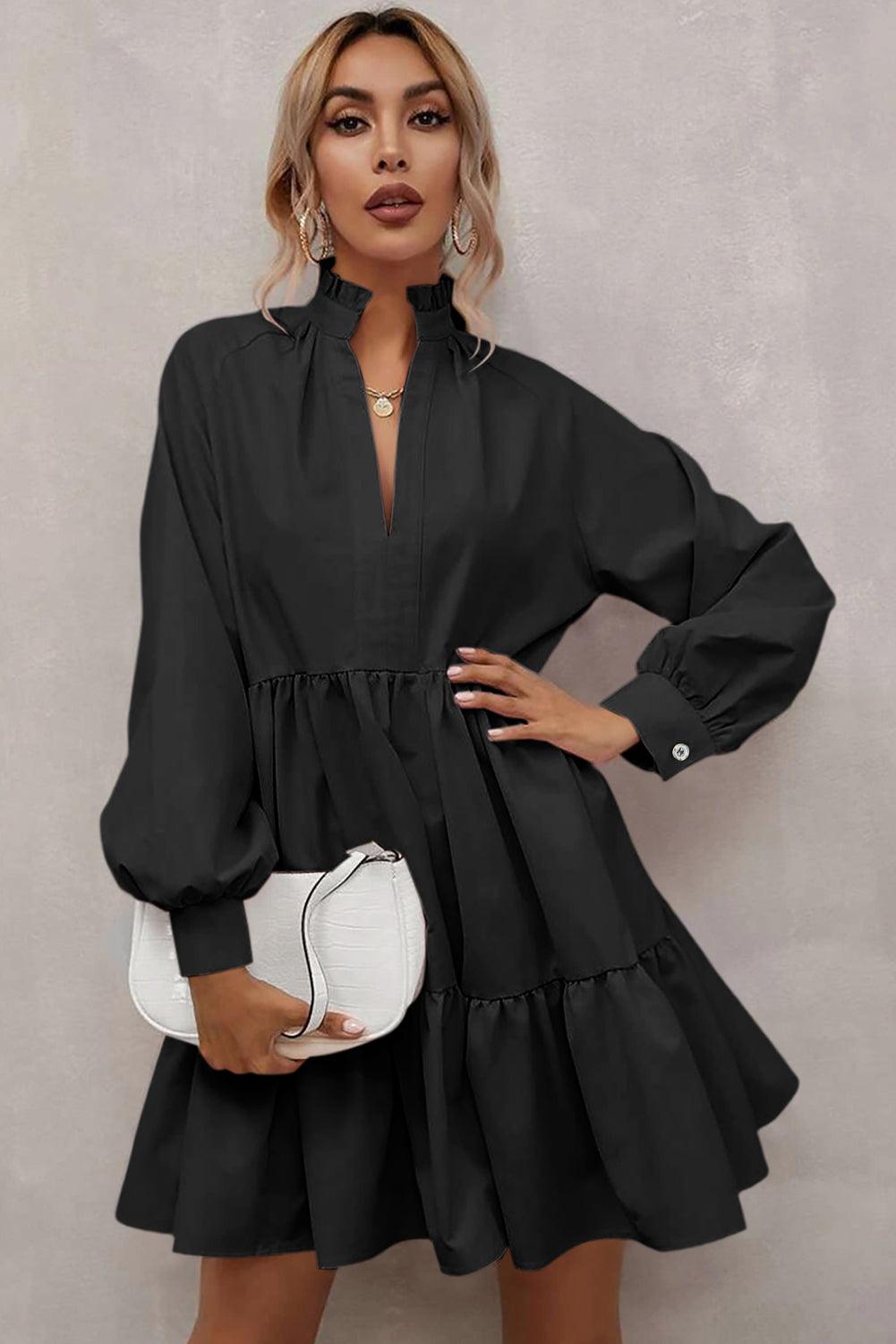 Stand Collar Long Sleeve Frilled Ruffle Dress Mini Dresses MyDresses 