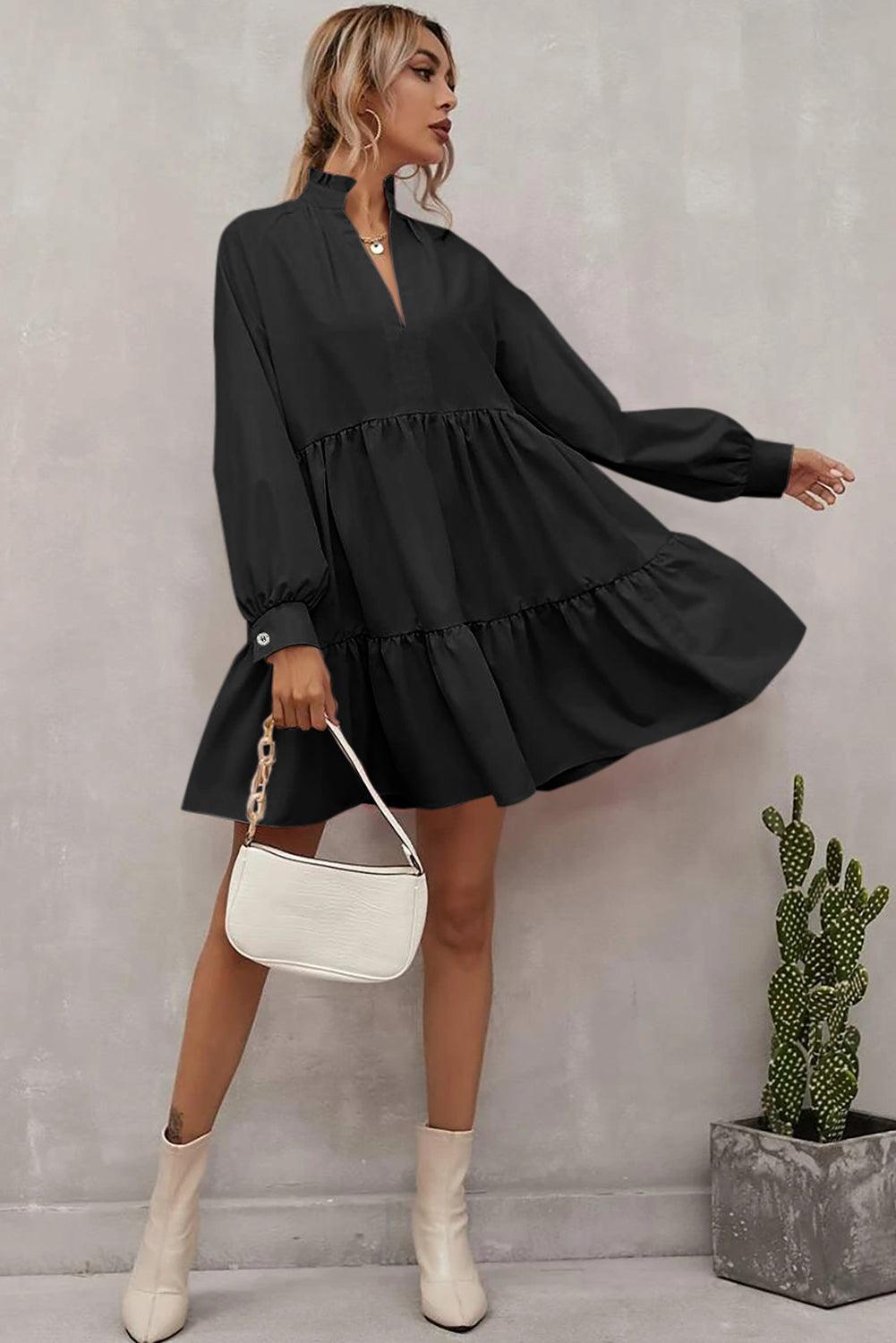 Stand Collar Long Sleeve Frilled Ruffle Dress Mini Dresses MyDresses 