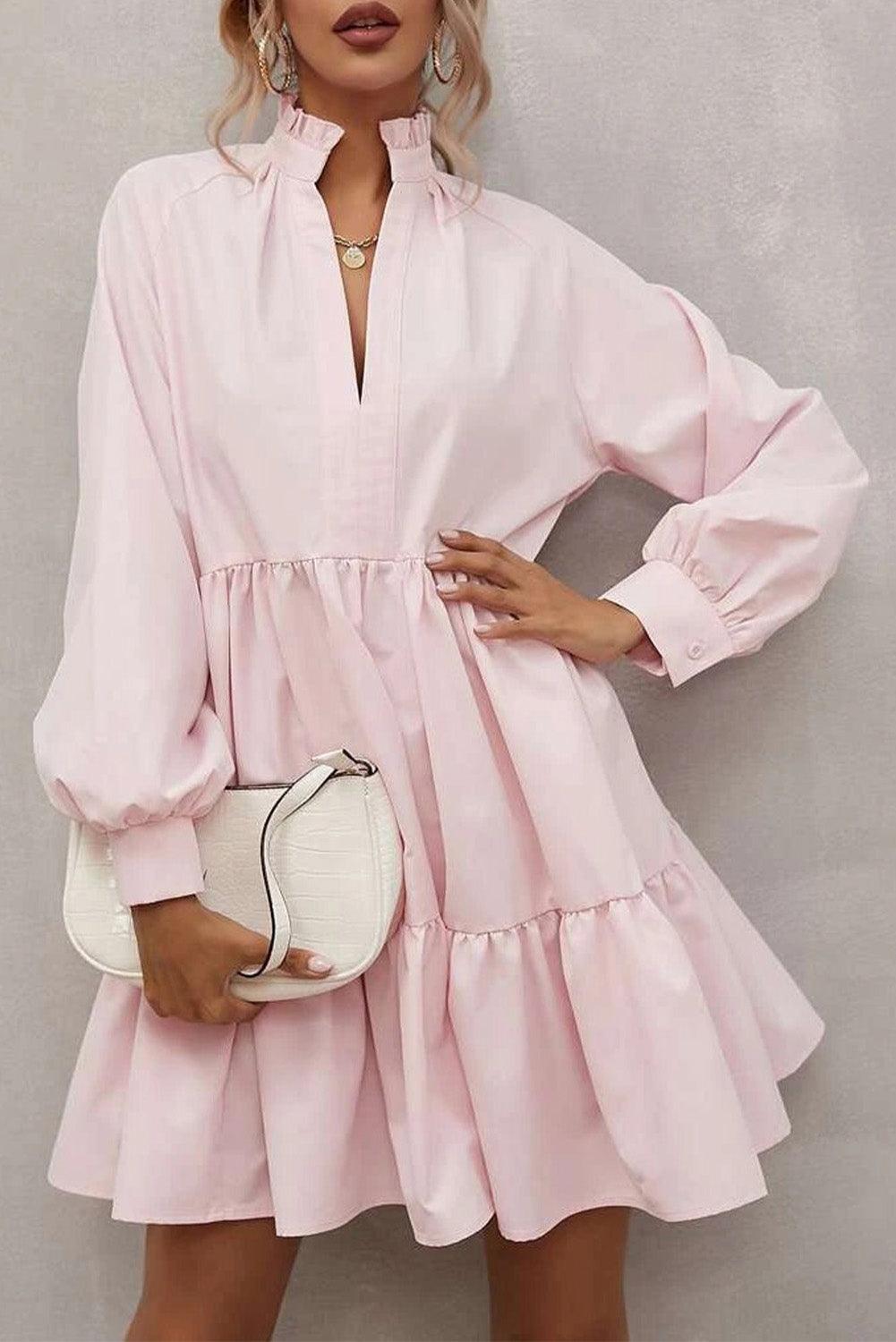 Stand Collar Long Sleeve Frilled Ruffle Dress Mini Dresses MyDresses Pink 8 | S 