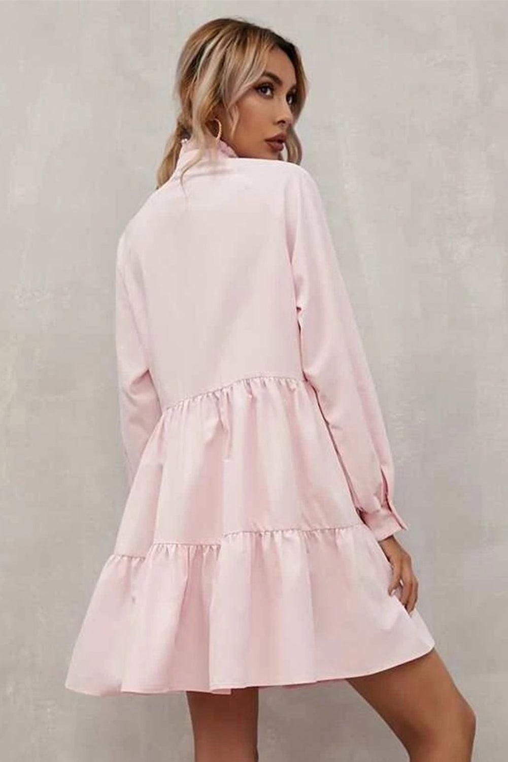 Stand Collar Long Sleeve Frilled Ruffle Dress Mini Dresses MyDresses 