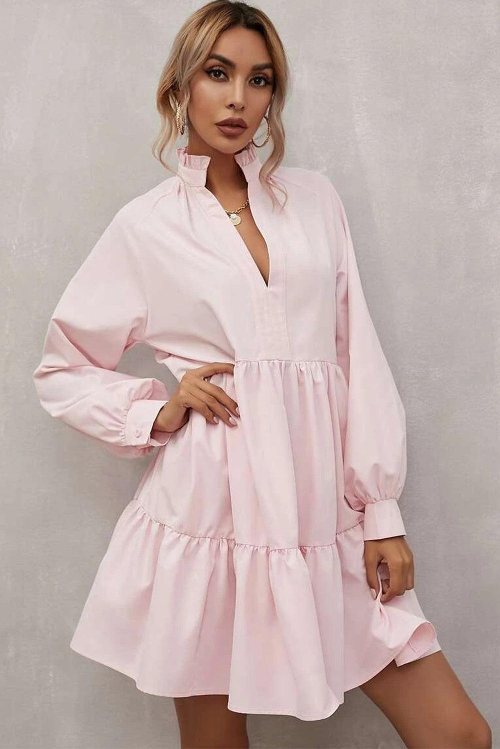 Stand Collar Long Sleeve Frilled Ruffle Dress Mini Dresses MyDresses 