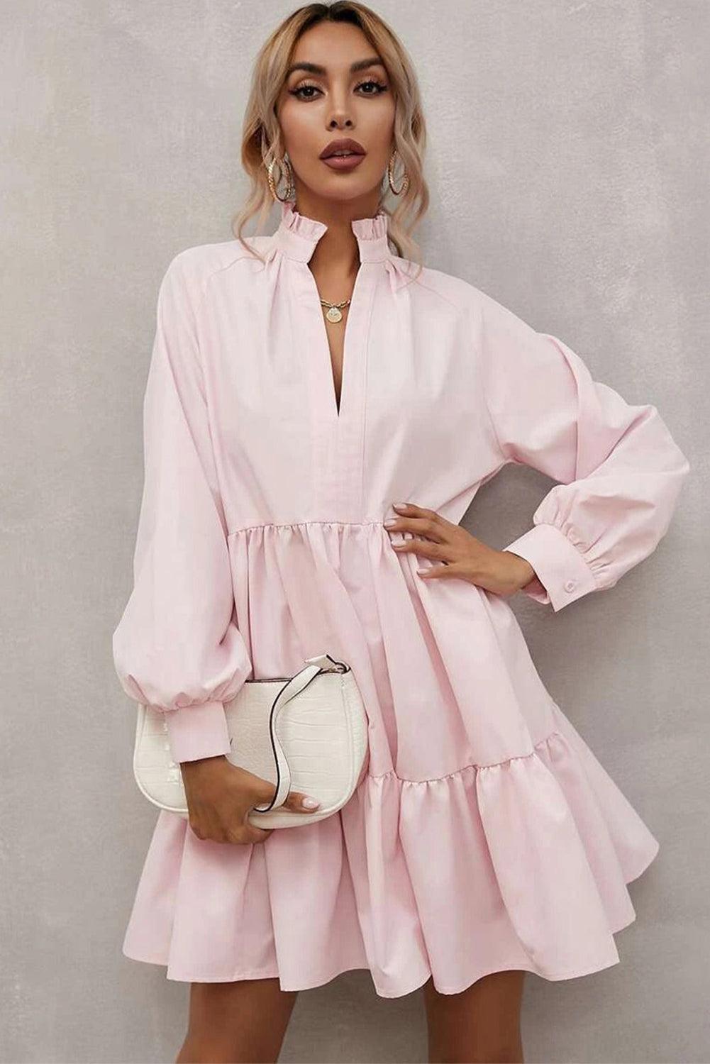 Stand Collar Long Sleeve Frilled Ruffle Dress Mini Dresses MyDresses 