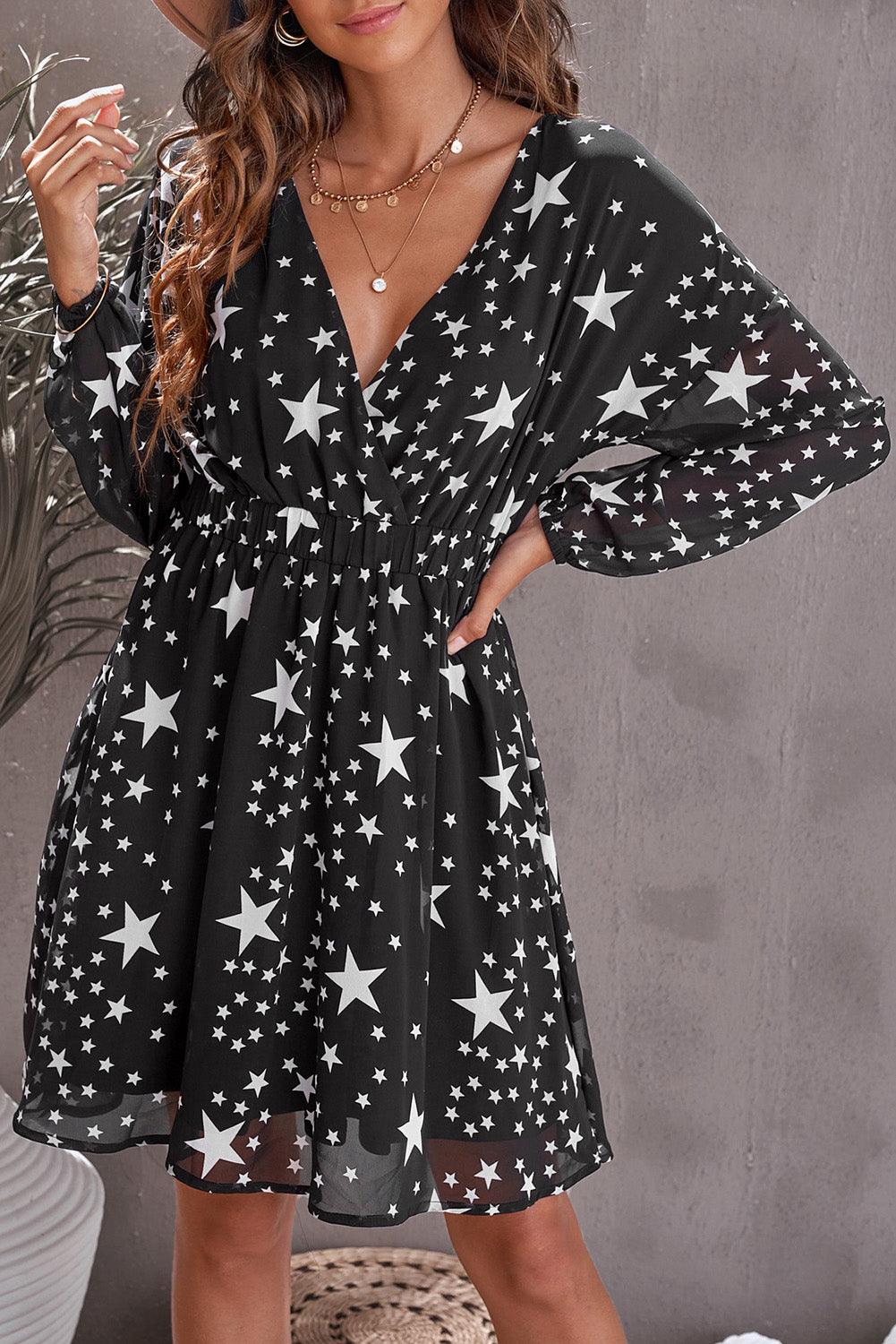 Star Pattern V-Neck Tunic Dress Mini Dresses MyDresses Black 8 | S 