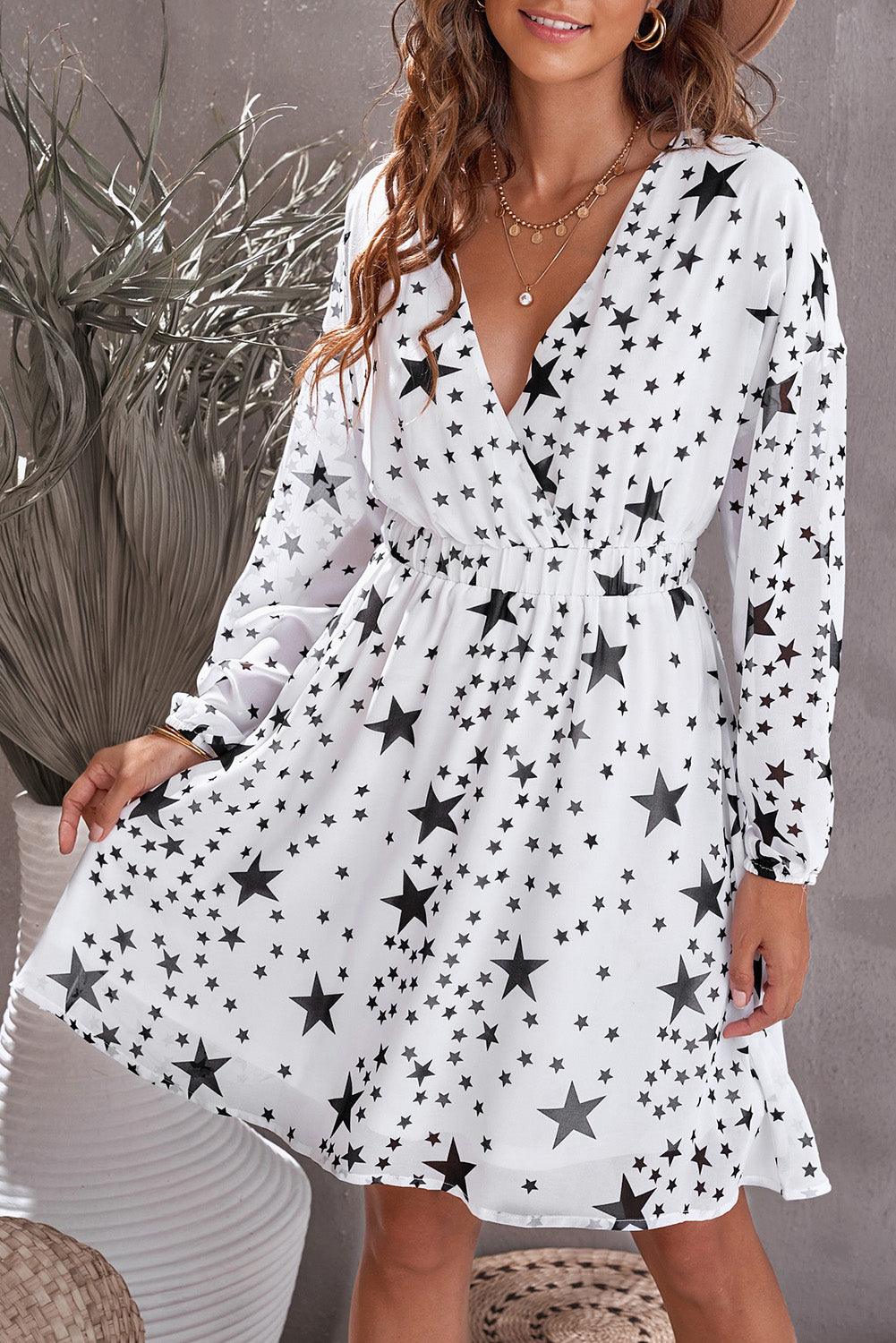 Star Pattern V-Neck Tunic Dress Mini Dresses MyDresses White 8 | S 