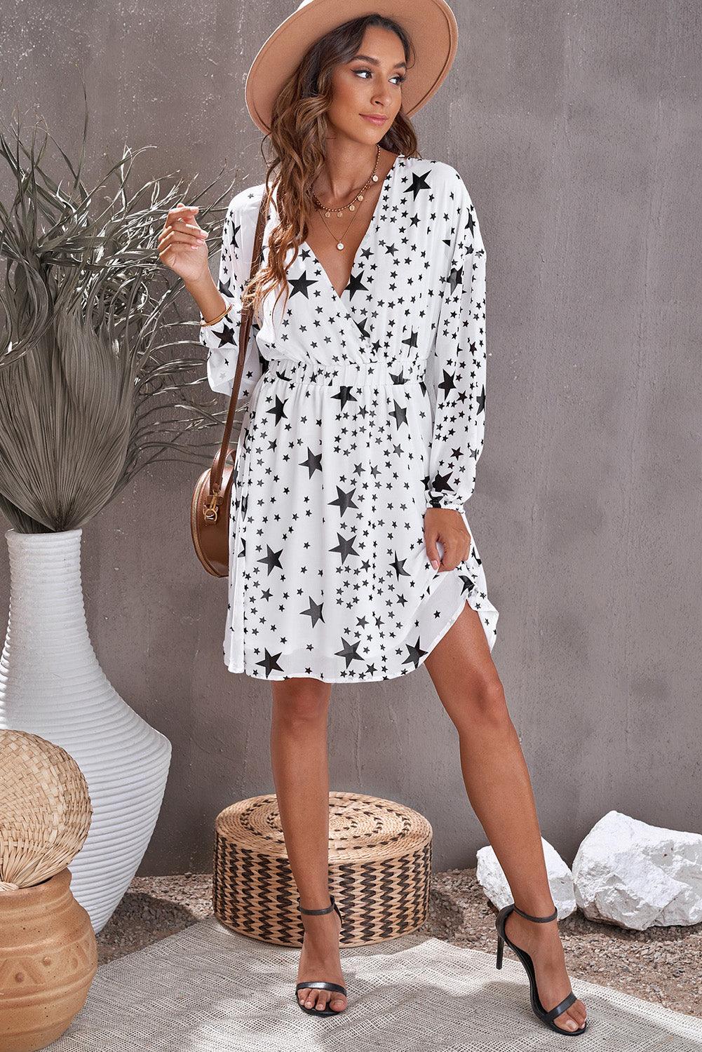 Star Pattern V-Neck Tunic Dress Mini Dresses MyDresses 