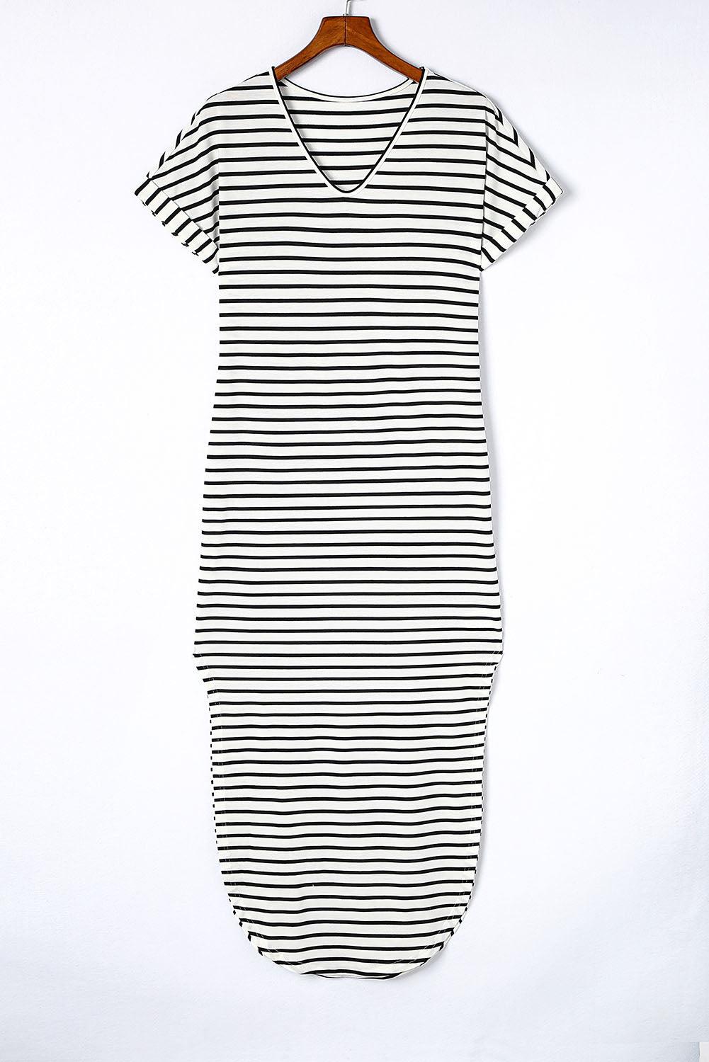 Striped Side Split V Neck Maxi Dress with Short Sleeves Maxi Dresses MyDresses 
