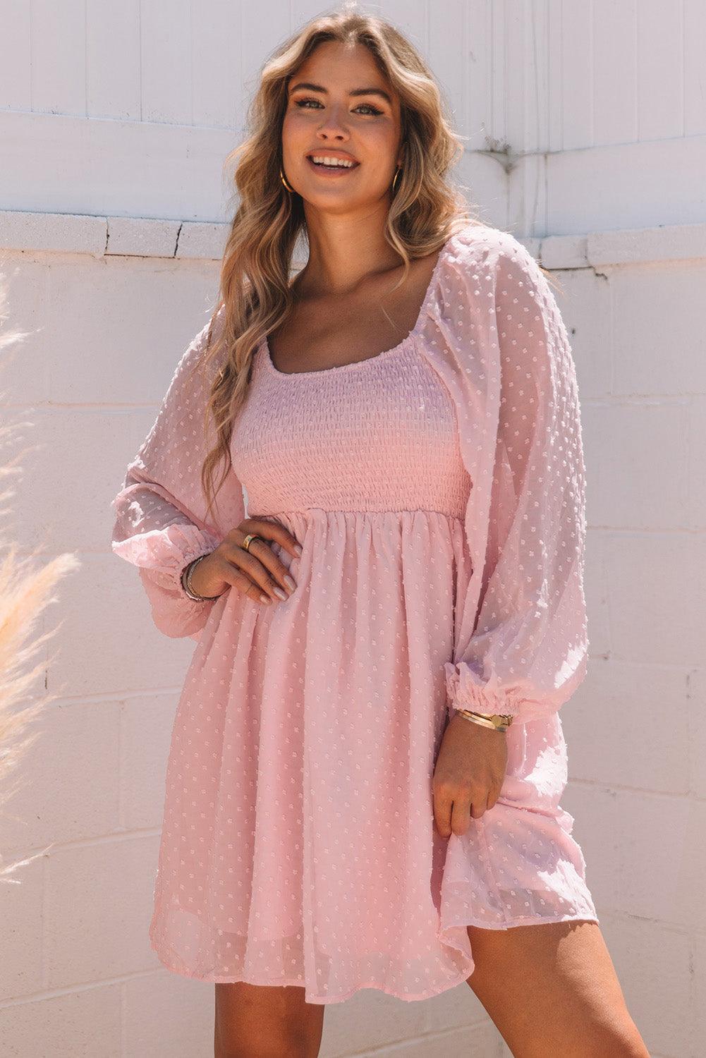 Swiss Dot Smocked Puff Sleeve Dress Mini Dresses MyDresses 