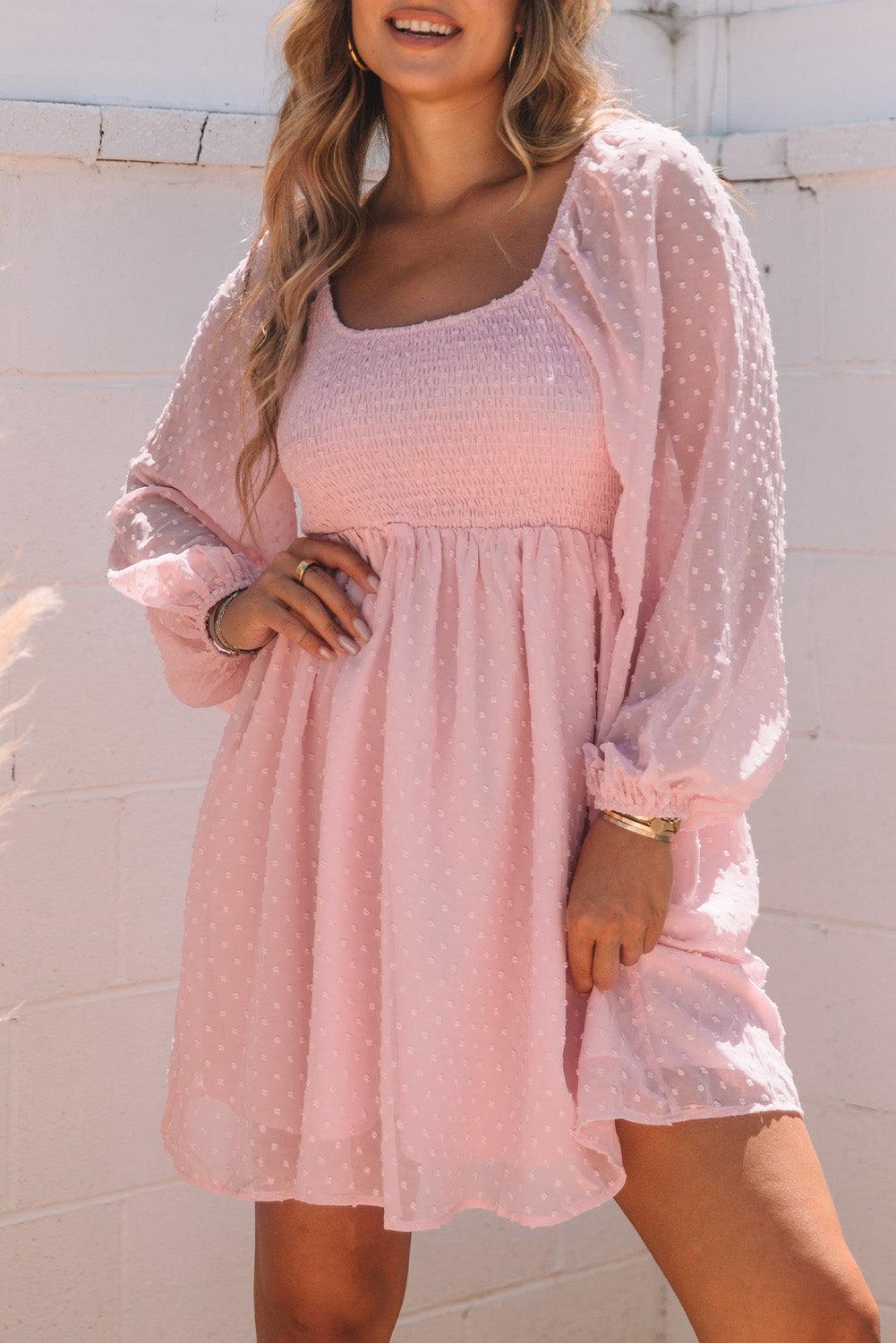 Swiss Dot Smocked Puff Sleeve Dress Mini Dresses MyDresses Pink 8 | S 