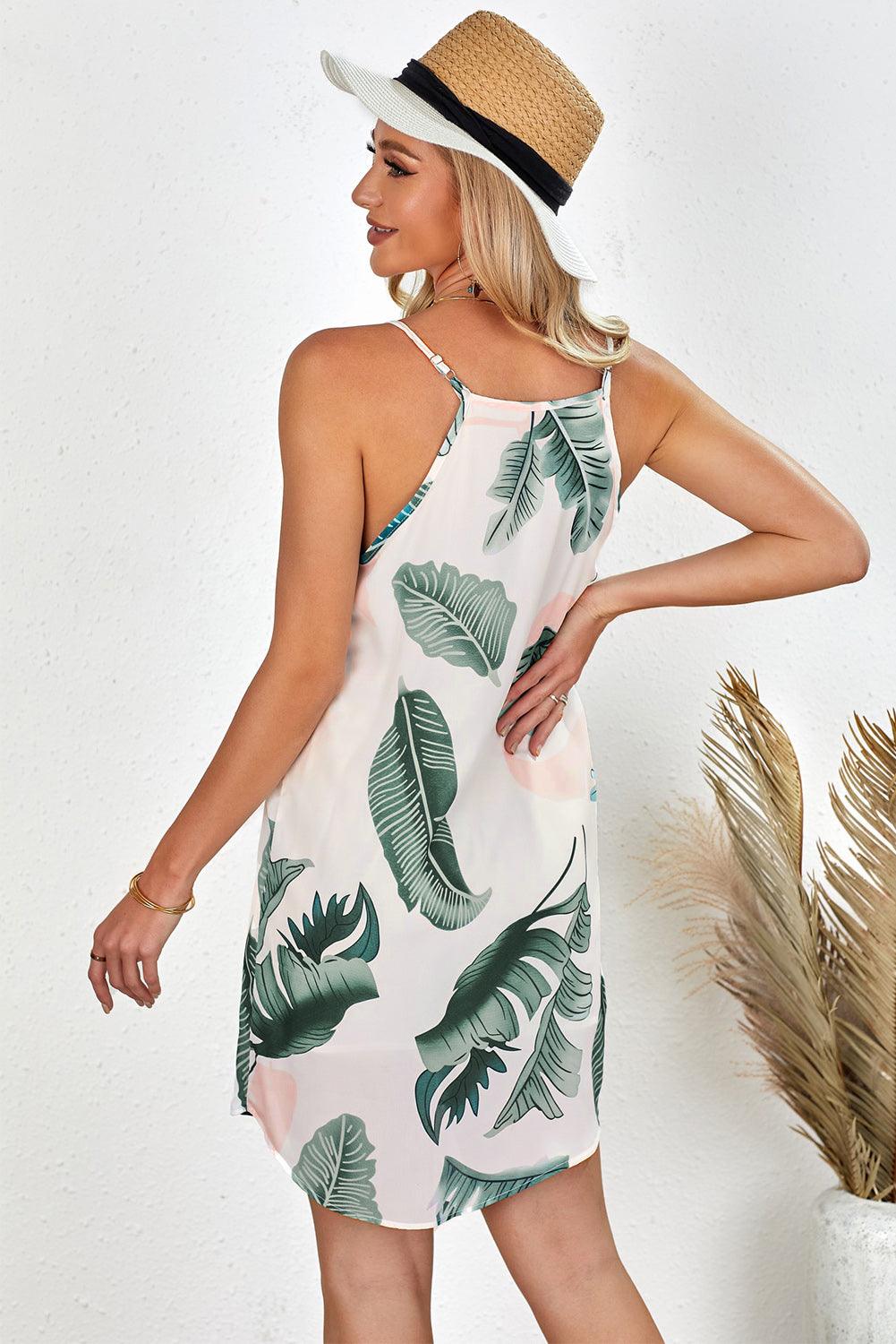 Tropical Leaf Print Sleeveless Dress Floral Dresses MyDresses 