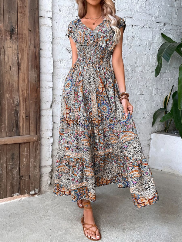 Bohemian Maxi Dress with Paisley Print and Smocked Bodice Maxi Dresses MyDresses Pattern 4 8 | S 