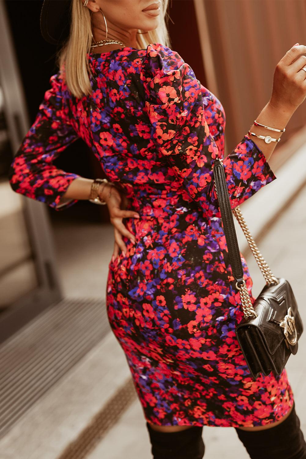 V Neck Bodycon Wrap Dress with Floret Print Mini Dresses MyDresses 