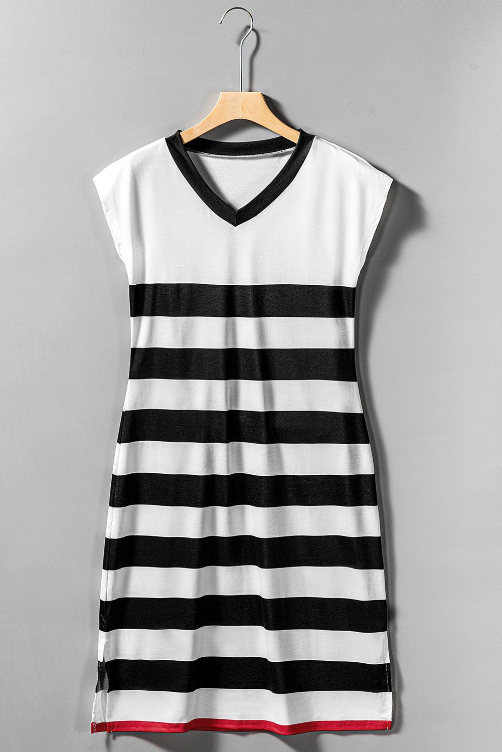 V Neck Cap Sleeve Striped Midi Dress Midi Dresses MyDresses 