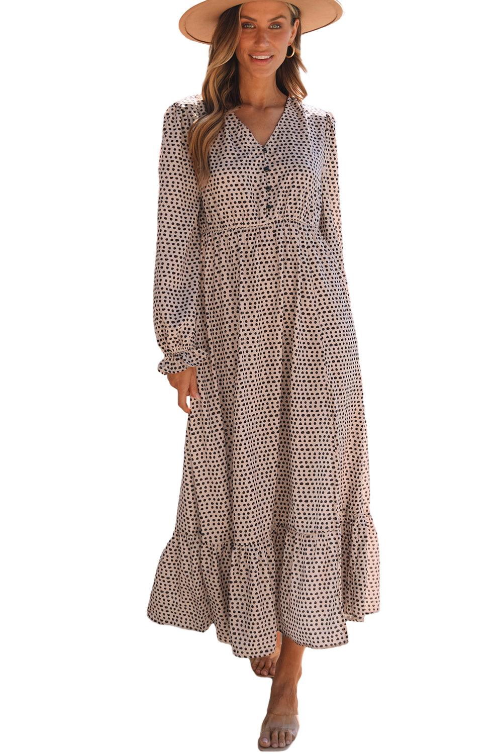 V-Neck Dotty Print Long Sleeve Ruffled Dress Maxi Dresses MyDresses 