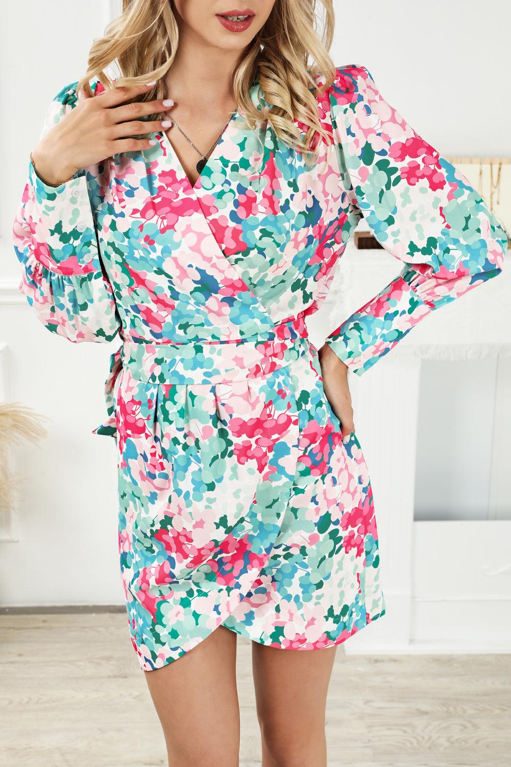 V Neck Lace-up Floral Wrap Mini Dress Mini Dresses MyDresses Multicolour 8 | S 
