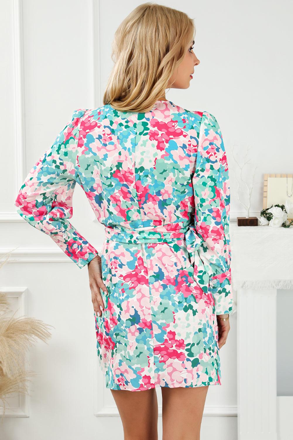 V Neck Lace-up Floral Wrap Mini Dress Mini Dresses MyDresses 