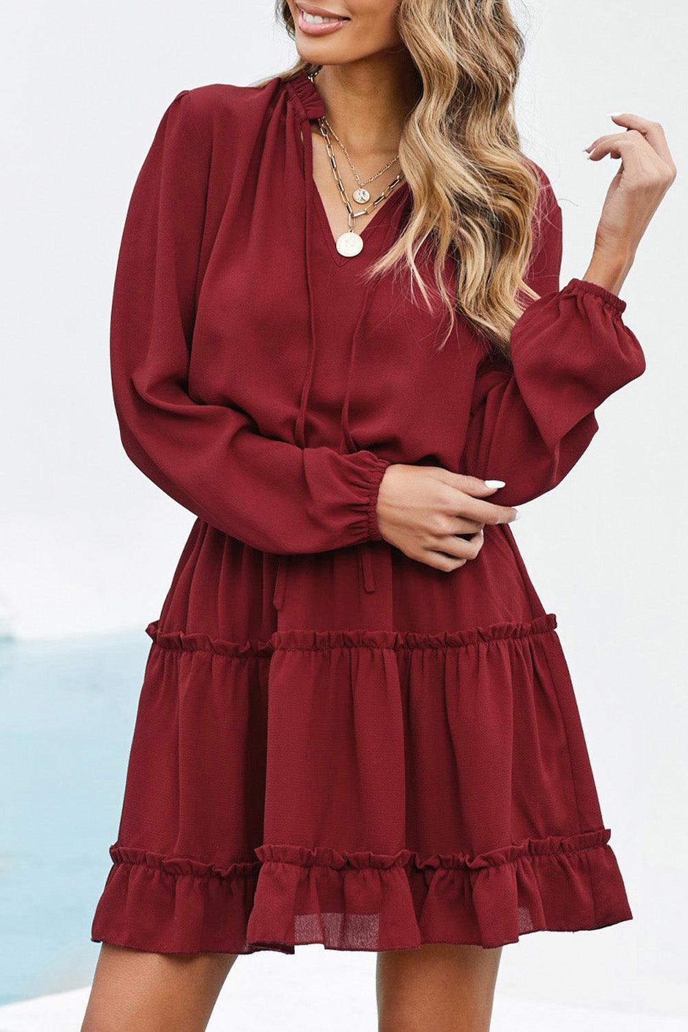 V Neck Long Sleeve Ruffled Tiered Mini Dress Mini Dresses MyDresses Red 8 | S 