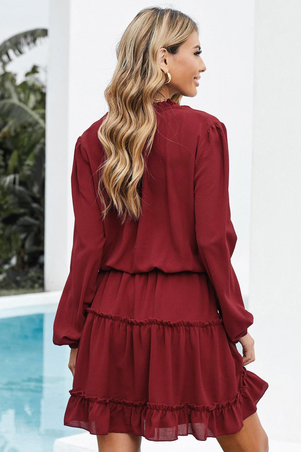 V Neck Long Sleeve Ruffled Tiered Mini Dress Mini Dresses MyDresses 