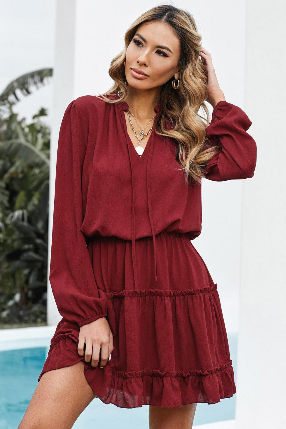 V Neck Long Sleeve Ruffled Tiered Mini Dress Mini Dresses MyDresses 