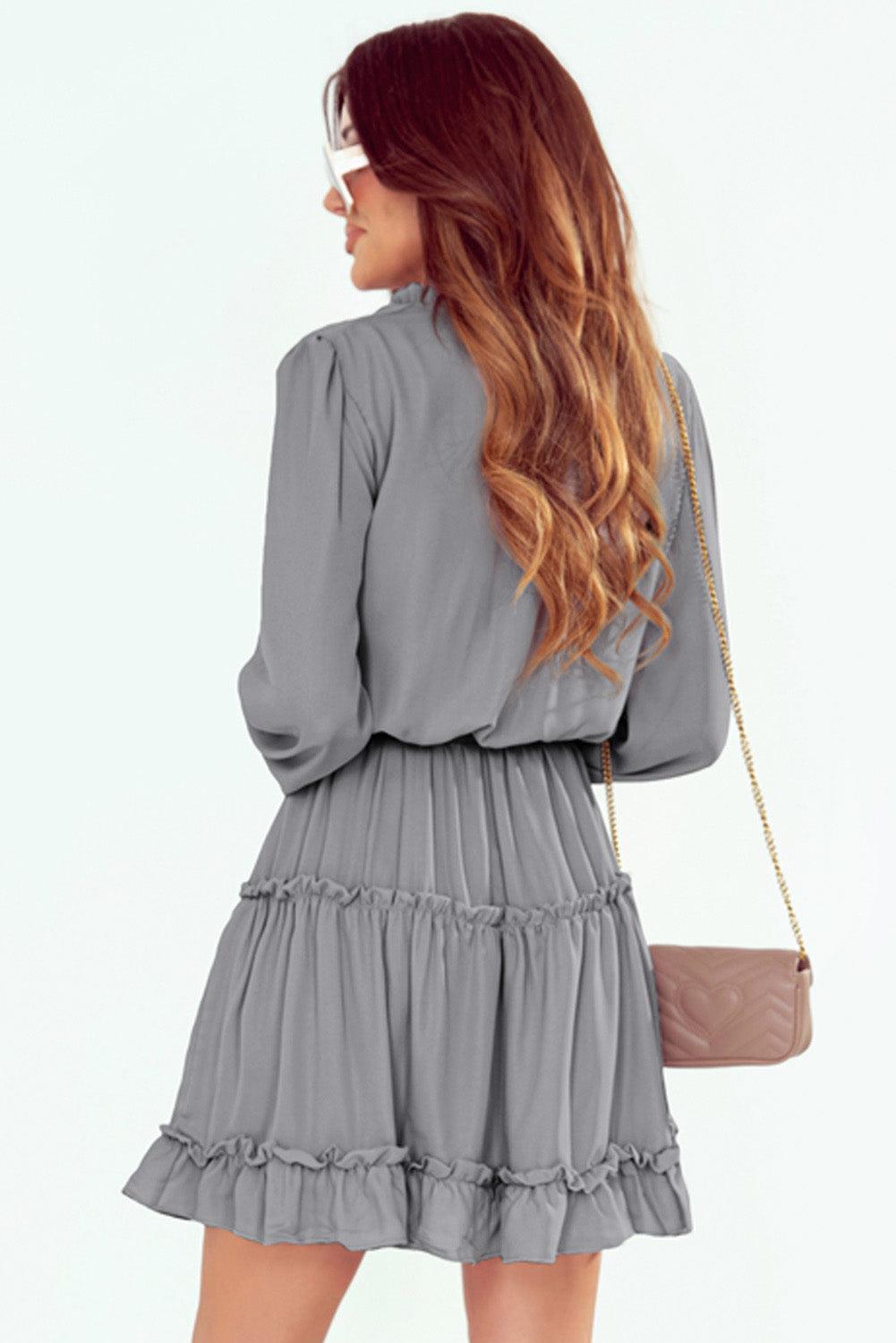 V Neck Long Sleeve Ruffled Tiered Mini Dress Mini Dresses MyDresses 