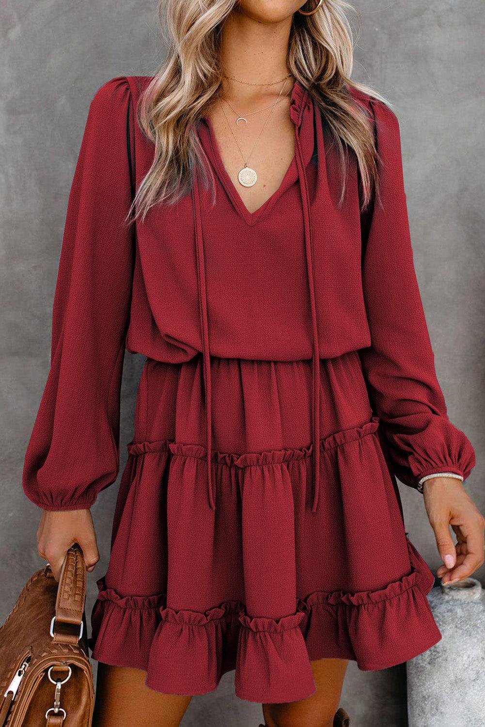 V Neck Long Sleeve Ruffled Tiered Mini Dress Mini Dresses MyDresses 