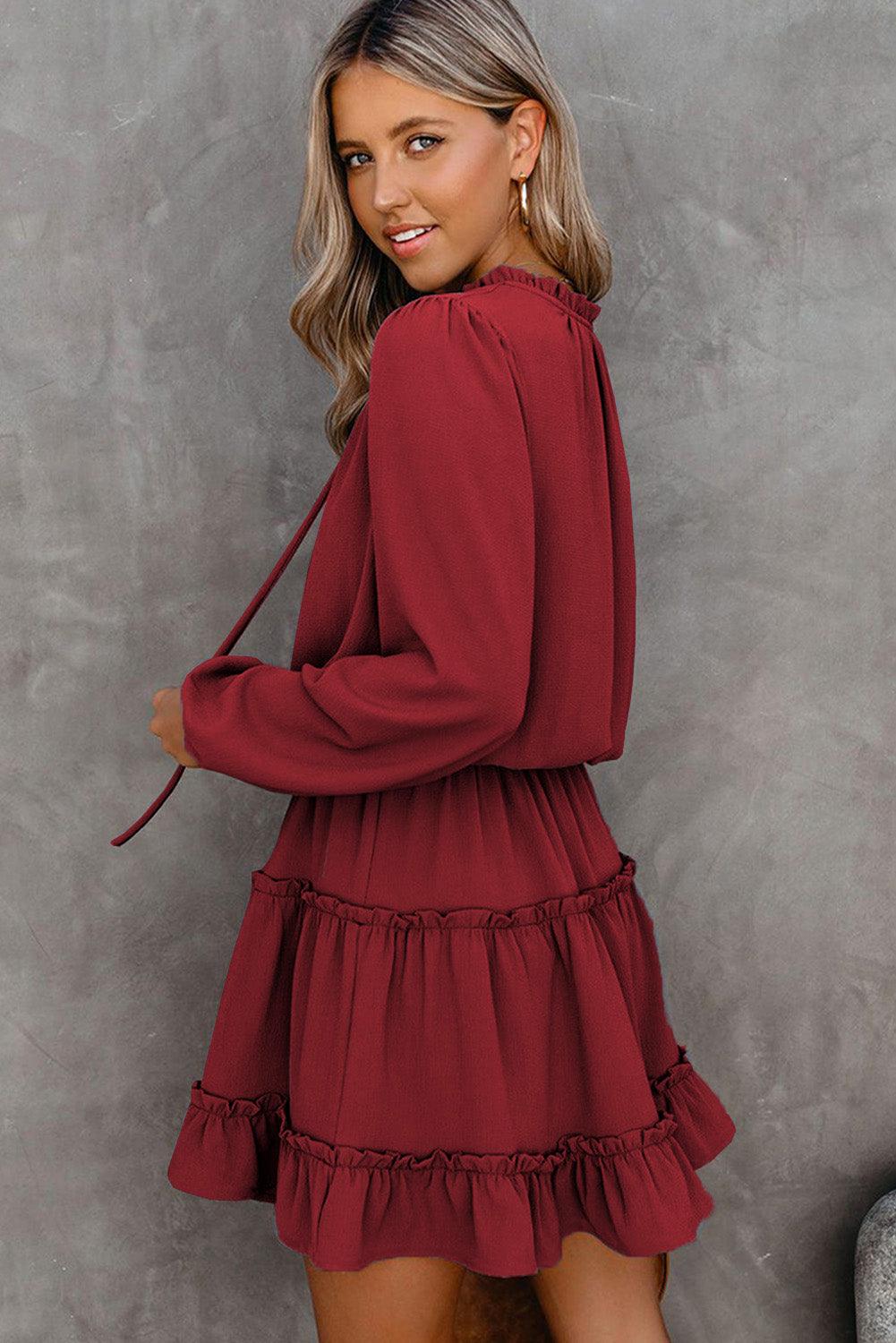 V Neck Long Sleeve Ruffled Tiered Mini Dress Mini Dresses MyDresses 