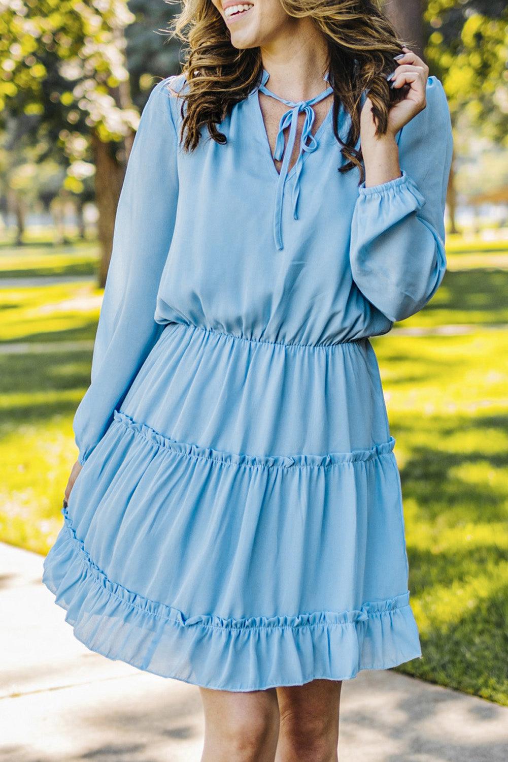 V Neck Long Sleeve Ruffled Tiered Mini Dress Mini Dresses MyDresses Sky Blue 8 | S 