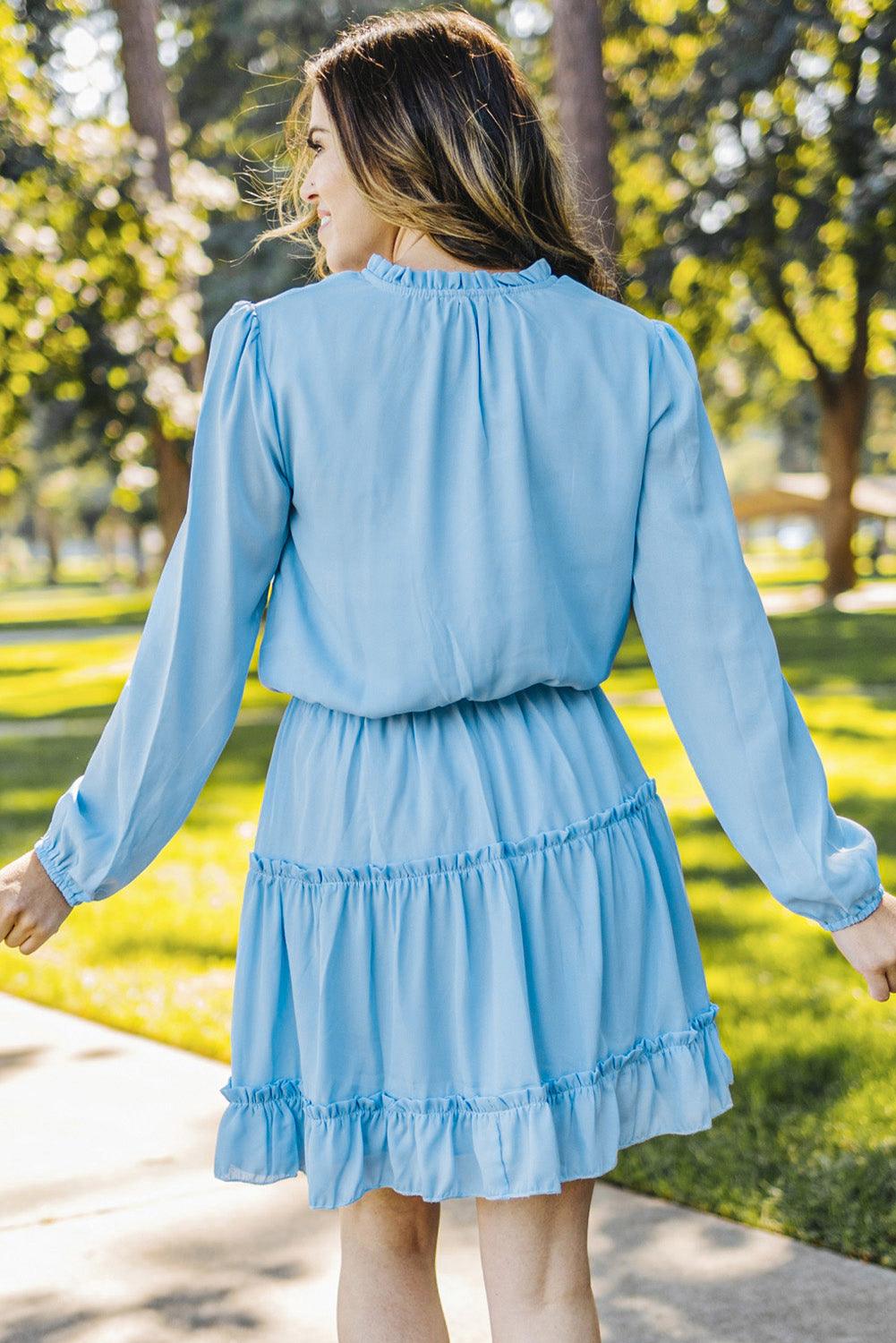 V Neck Long Sleeve Ruffled Tiered Mini Dress Mini Dresses MyDresses 