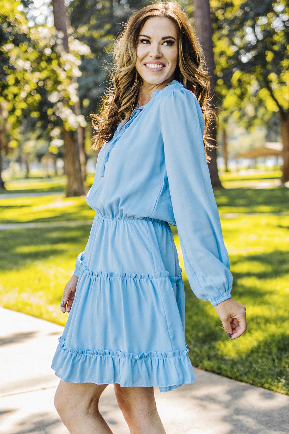 V Neck Long Sleeve Ruffled Tiered Mini Dress Mini Dresses MyDresses 