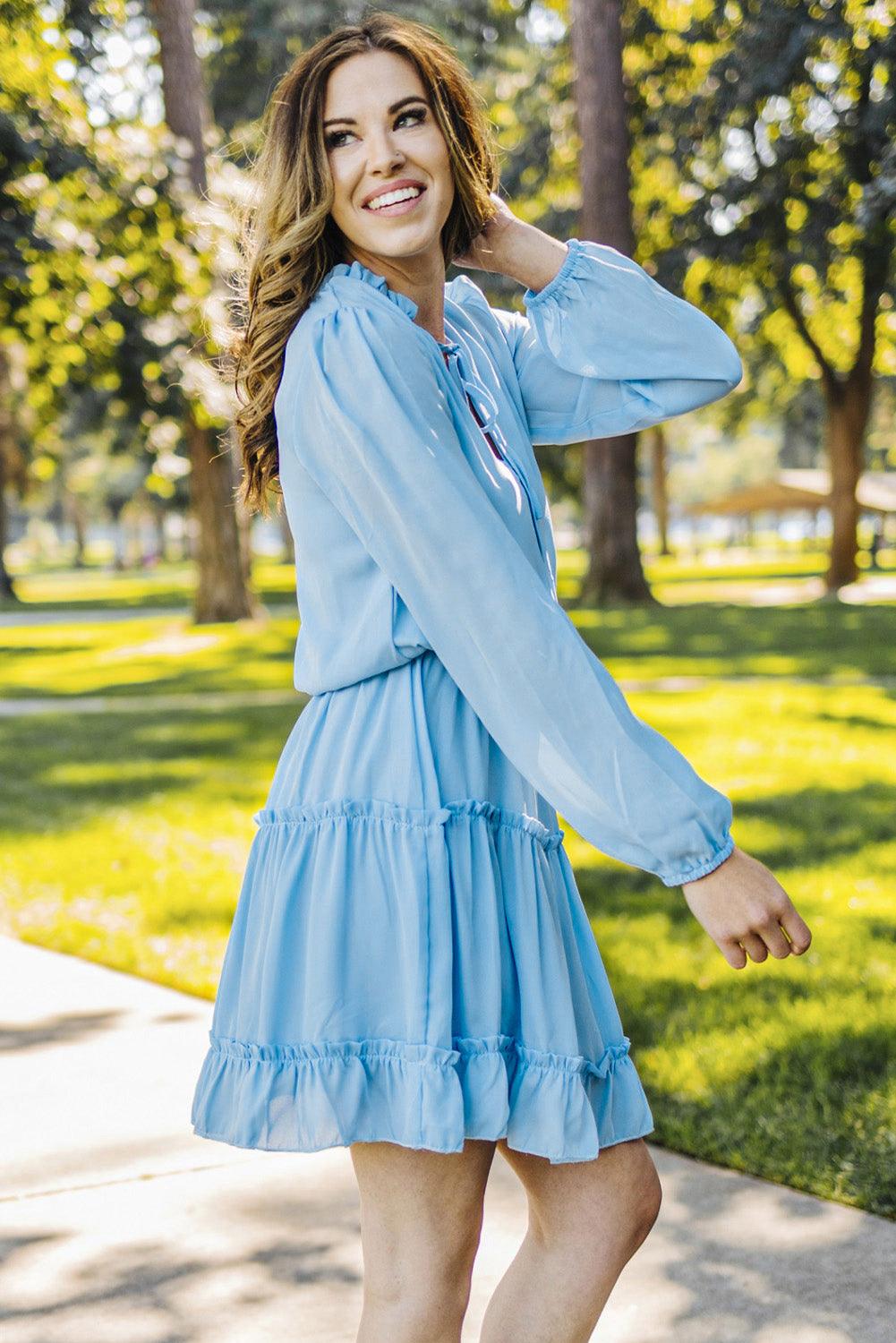 V Neck Long Sleeve Ruffled Tiered Mini Dress Mini Dresses MyDresses 