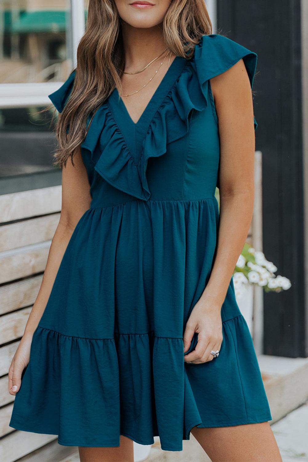 V Neck Ruffle Trim Smocked Mini Dress Mini Dresses MyDresses Blue 8 | S 