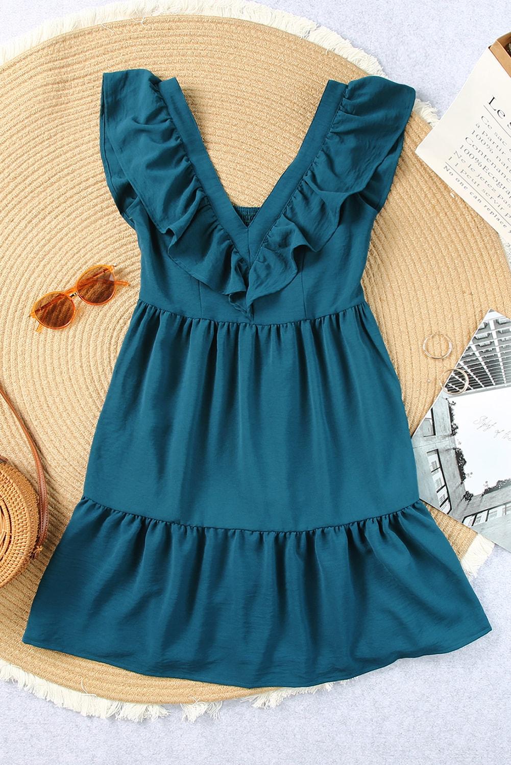 V Neck Ruffle Trim Smocked Mini Dress Mini Dresses MyDresses 