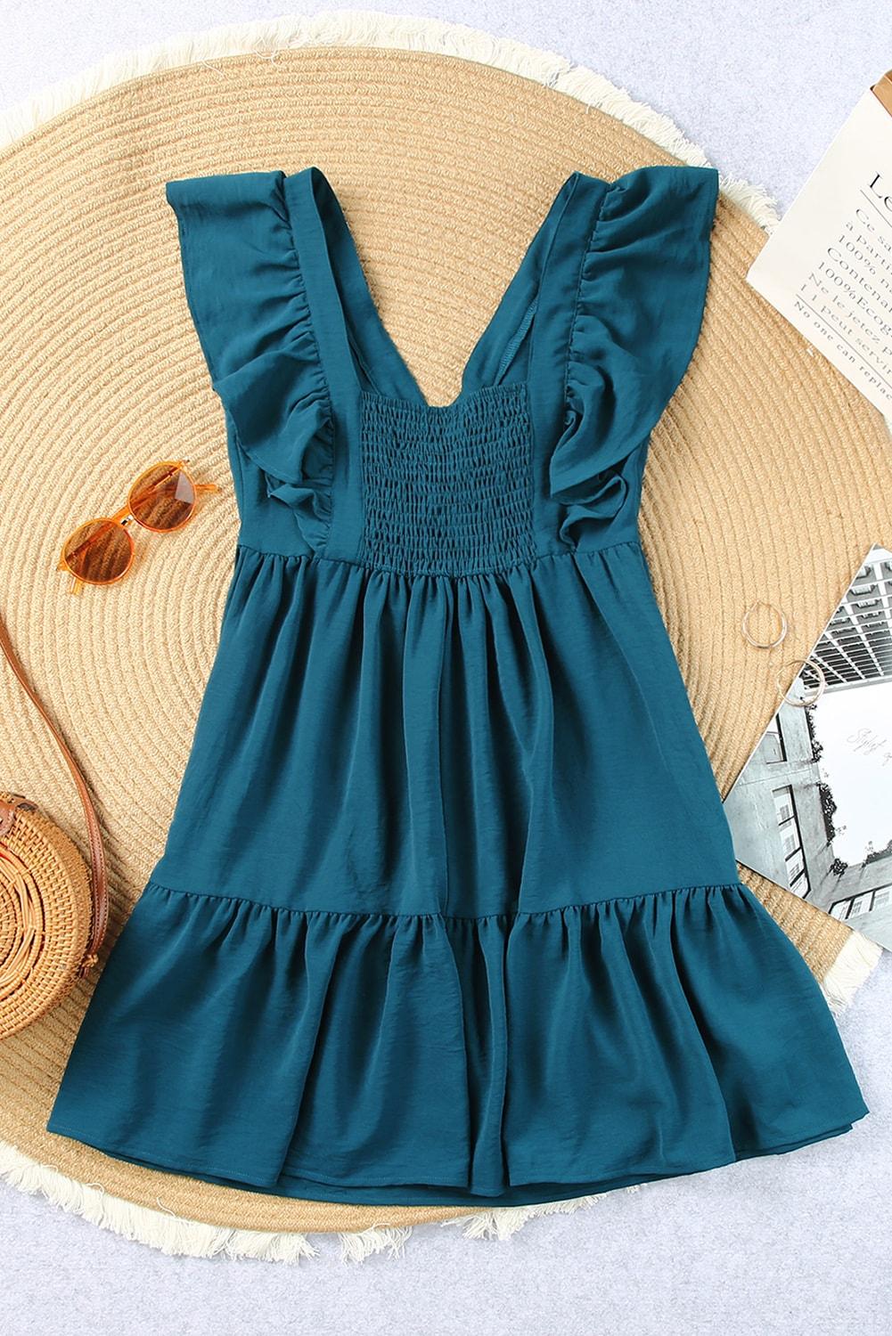 V Neck Ruffle Trim Smocked Mini Dress Mini Dresses MyDresses 