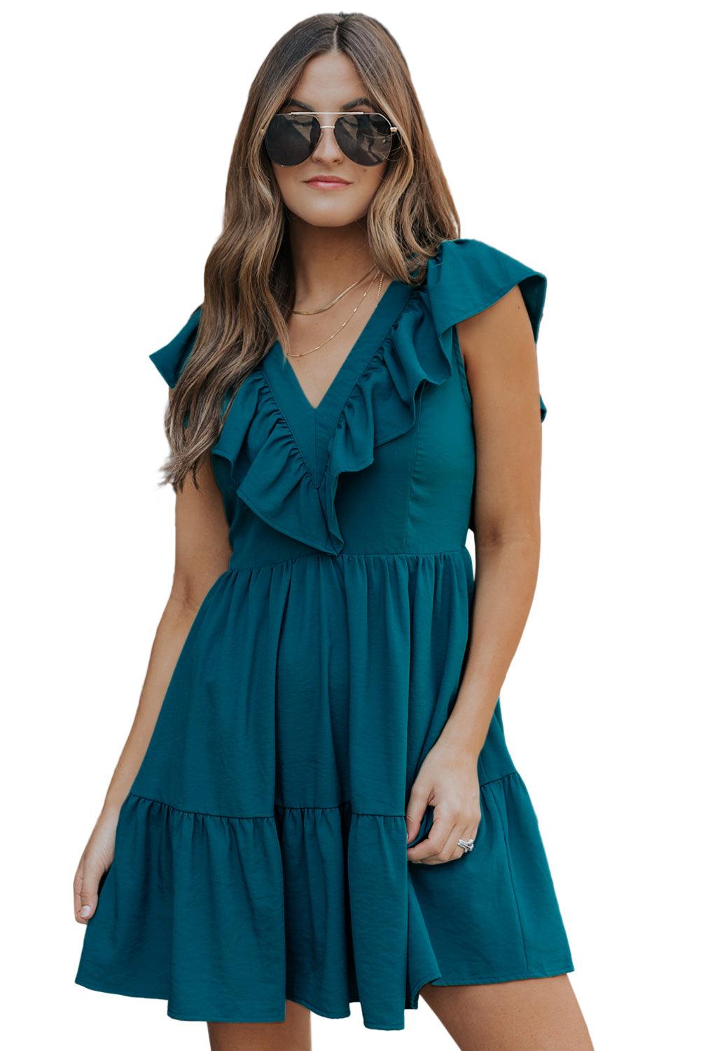 V Neck Ruffle Trim Smocked Mini Dress Mini Dresses MyDresses 